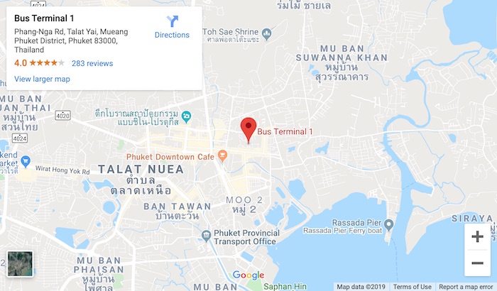 google map showing how to find the bus from phuket to khao sok in thailand