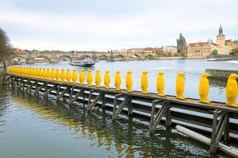 the yellow penguins art installation is a must see attraction in prague