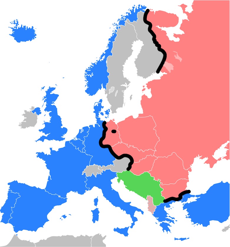 map from wikimedia commons showing where the iron curtain divided europe into eastern and western europe